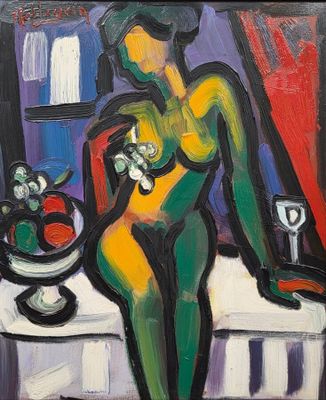 une peinture à l'huile représentant une femme assise sur une table, avec un bol de fruits devant elle