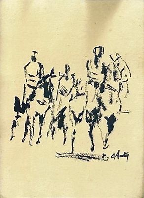 un dessin représentant un groupe d'hommes à cheval