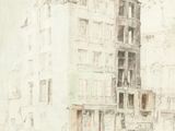 drawing of an old building with a car parked on the street in front of it