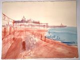 une aquarelle représentant des personnes marchant sur la plage