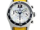 the watch is white and yellow with a black second hand