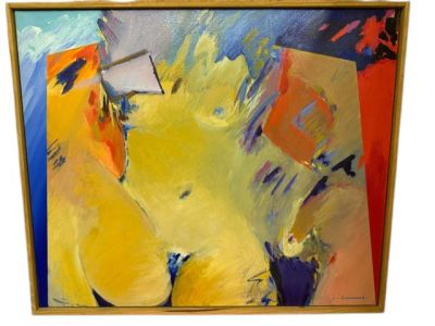 abstract painting of a woman in a yellow dress in a yellow room
