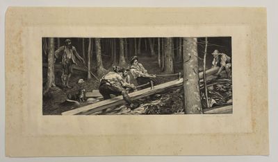 black and white photograph of a group of men working in a forest