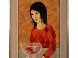 une peinture à l'huile représentant une femme avec un bol de fruits posé sur une table