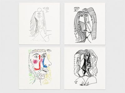 quatre dessins de couleurs différentes représentant le visage d'une femme et la tête d'un homme