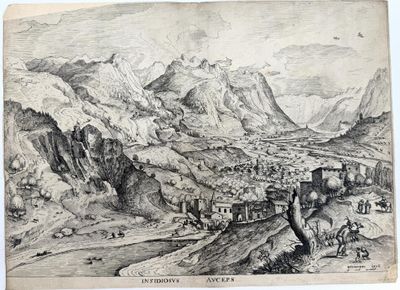 an old drawing of a mountain landscape with a village in the foreground