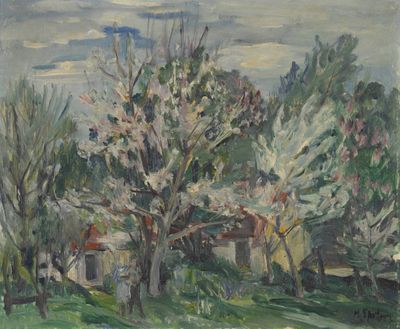 une image représentant un tableau où l'on voit un champ avec des arbres et une maison en arrière-plan