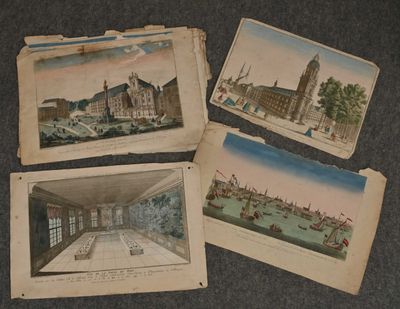 four old watercolor paintings of buildings and boats in a room