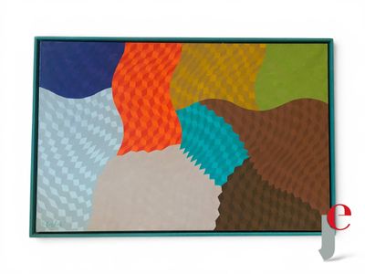 peinture abstraite représentant des formes colorées sur fond blanc, encadrée d'un cadre bleu