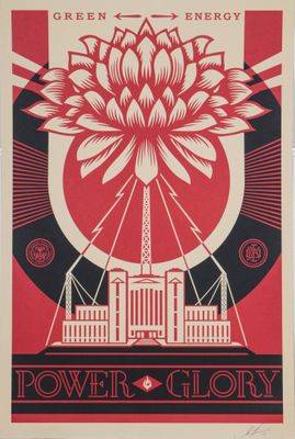 a red and black poster with a large flower on it