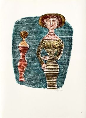 dessin représentant une femme en robe rayée avec un chapeau et une autre femme en robe rayée