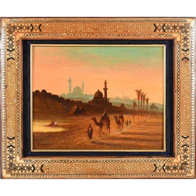 tableau représentant un paysage désertique avec des chameaux et une mosquée au loin