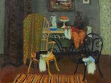 a painting of a cat sitting on a chair in a room