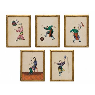 CHINE Série de cinq dessins sur soie illustrant les arts du …