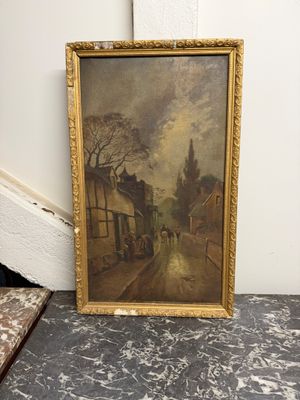 tableau représentant une scène de rue avec un homme marchant dans la rue