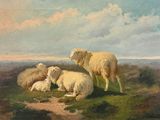 tableau représentant des moutons et des agneaux se reposant dans un champ par une journée ensoleillée