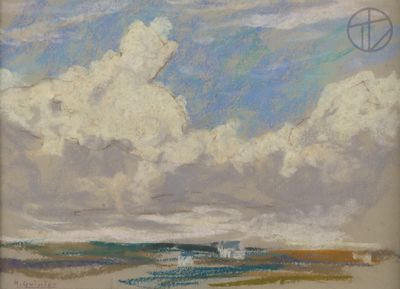 an image of a painting of clouds in the sky over a field