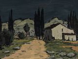 une peinture à l'huile représentant un chemin de terre menant à une maison blanche