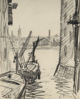 dessin représentant un bateau sur une rivière, avec un pont en arrière-plan