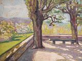 a painting of a park bench in the middle of the park