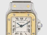 une photo d'une montre Cartier pour femme avec un bracelet bicolore en acier