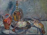 une peinture représentant un homard dans une assiette, à côté d'une bouteille de vin