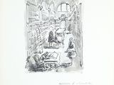 drawing of a drawing of people sitting in a library with bookshelves