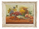 une photo d'un tableau représentant un crabe et des fruits posés sur une table