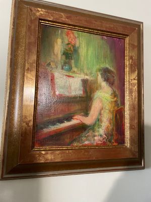 a painting of a woman sitting at a piano