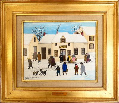 tableau représentant un groupe de personnes devant une maison, dans la neige