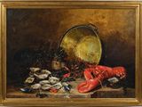 tableau représentant des homards et des huîtres posés sur une table avec un miroir