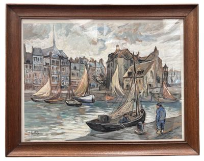 painting of a man standing on a dock next to a boat