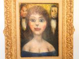 une peinture à l'huile représentant une femme en robe bleue avec un oiseau sur l'épaule