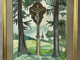 peinture représentant une croix sur un poteau dans une forêt peuplée d'arbres