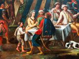 painting of a group of people sitting around a table in a forest