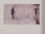 a black and white photo of a man skiing