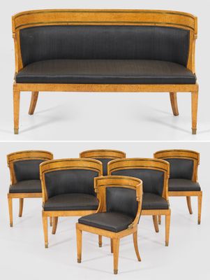 six chairs and a bench with black leather seats