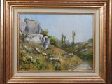 une peinture à l'huile représentant un paysage de montagne avec des rochers et de l'herbe