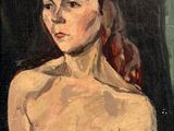 une peinture à l'huile représentant une femme aux cheveux roux, torse nu