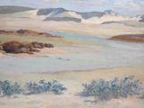 a painting of a river running through a desert