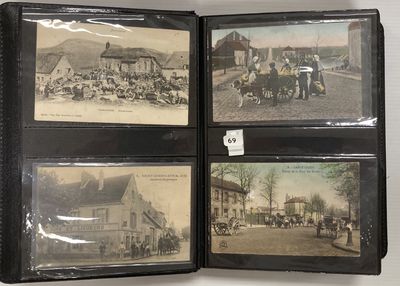 trois vieilles photos en noir et blanc représentant des personnes et des chevaux, tirées d'un vieil album photo