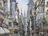tableau représentant une scène de rue avec des passants et une église en arrière-plan