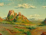une peinture à l'huile représentant un paysage désertique avec des montagnes et des nuages en arrière-plan