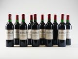 six bottles of red wine lined up in a row