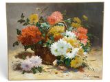 an oil painting of a basket of flowers on a table
