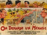 une vieille affiche de cinéma représentant un groupe d'hommes et de femmes devant un immeuble