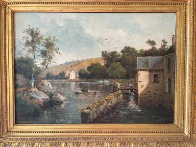 une peinture à l'huile représentant une scène fluviale avec une maison et un bateau
