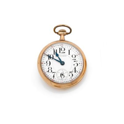 a gold pocket watch on a white background with a blue second hand