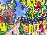 an image of a painting of a street with houses and trees in the background
