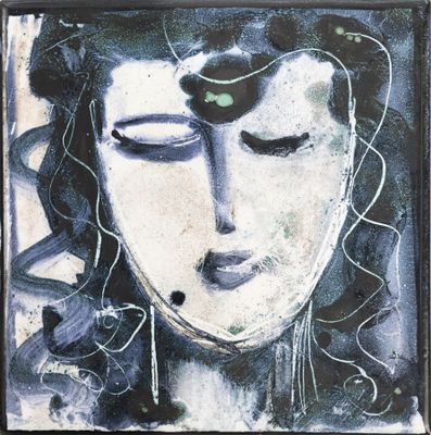 an image of a painting of a woman ' s face with her eyes closed
